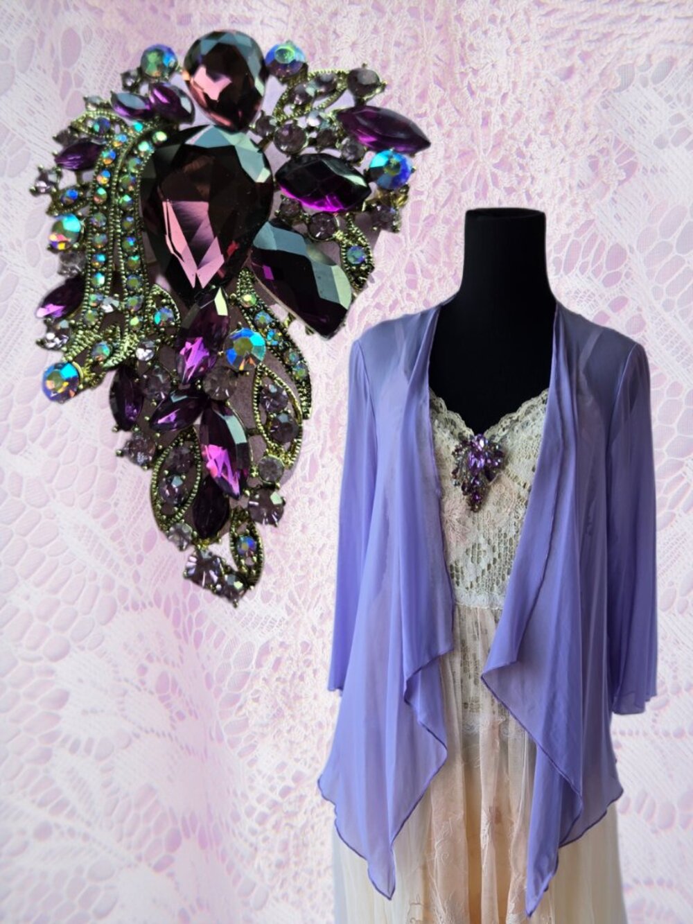 Bejewelled Purple Crystal Ornate Brooch Fairycore